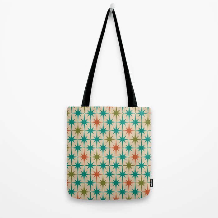 Atomic Age Retro Starburst Mid-century Modern Pattern in Mid Mod Turquoise, Orange, Olive, and Beige Tote Bag Gallery Image 2
