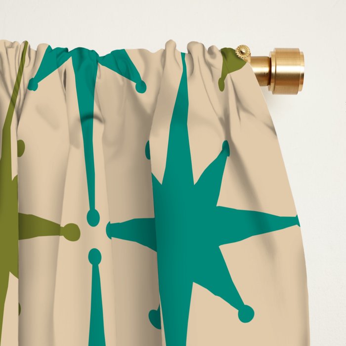 Atomic Age Retro Starburst Mid-century Modern Pattern in Mid Mod Turquoise, Orange, Olive, and Beige Window Curtain Gallery Image 2