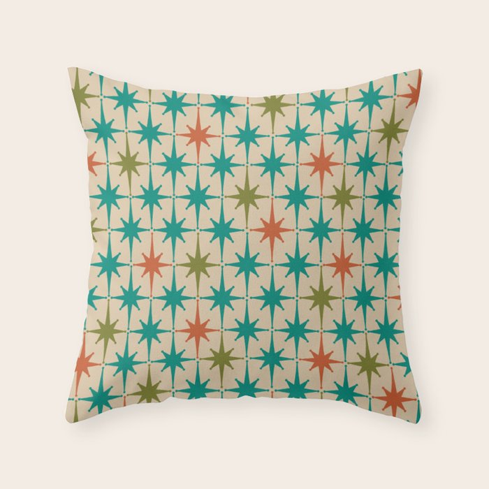 Atomic Age Retro Starburst Mid-century Modern Pattern in Mid Mod Turquoise, Orange, Olive, and Beige Throw Pillow Gallery Image 1