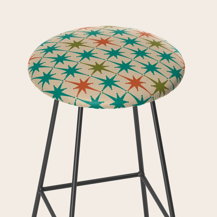 Atomic Age Retro Starburst Mid-century Modern Pattern in Mid Mod Turquoise, Orange, Olive, and Beige Stool Gallery Image 2