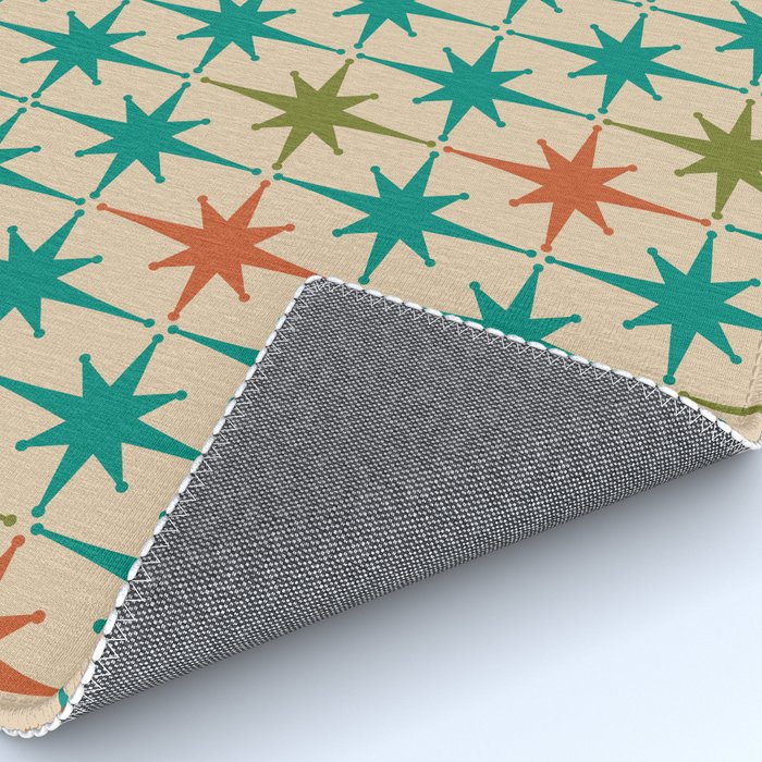 Atomic Age Retro Starburst Mid-century Modern Pattern in Mid Mod Turquoise, Orange, Olive, and Beige Rug Gallery Image 4