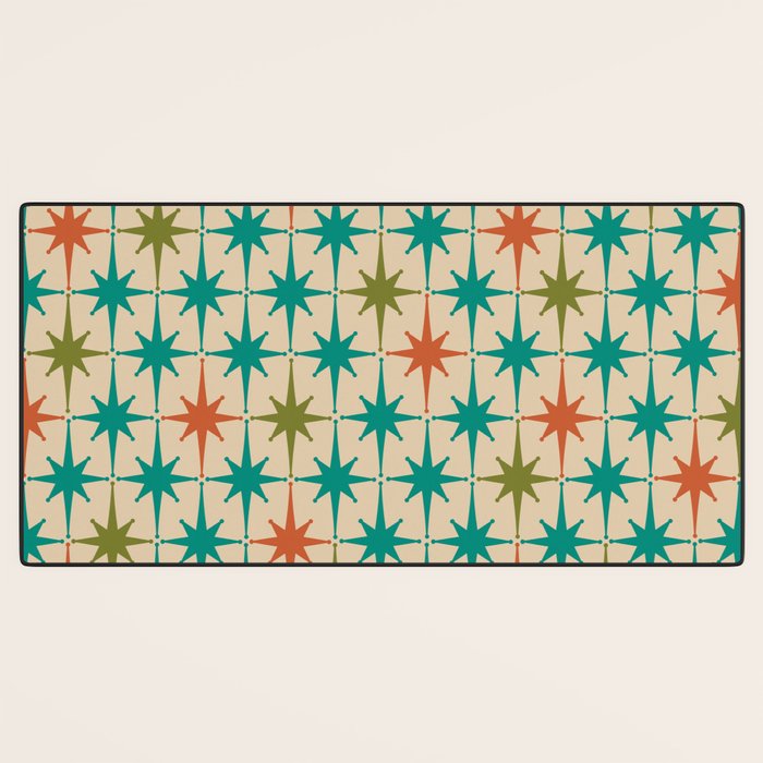 Atomic Age Retro Starburst Mid-century Modern Pattern in Mid Mod Turquoise, Orange, Olive, and Beige Desk Mat Gallery Image 3