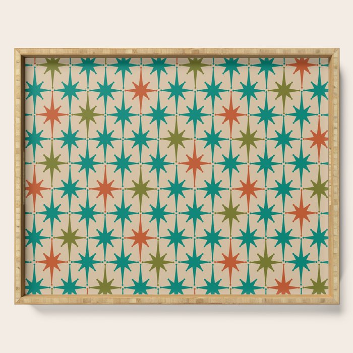 Atomic Age Retro Starburst Mid-century Modern Pattern in Mid Mod Turquoise, Orange, Olive, and Beige Serving Tray Gallery Image 1