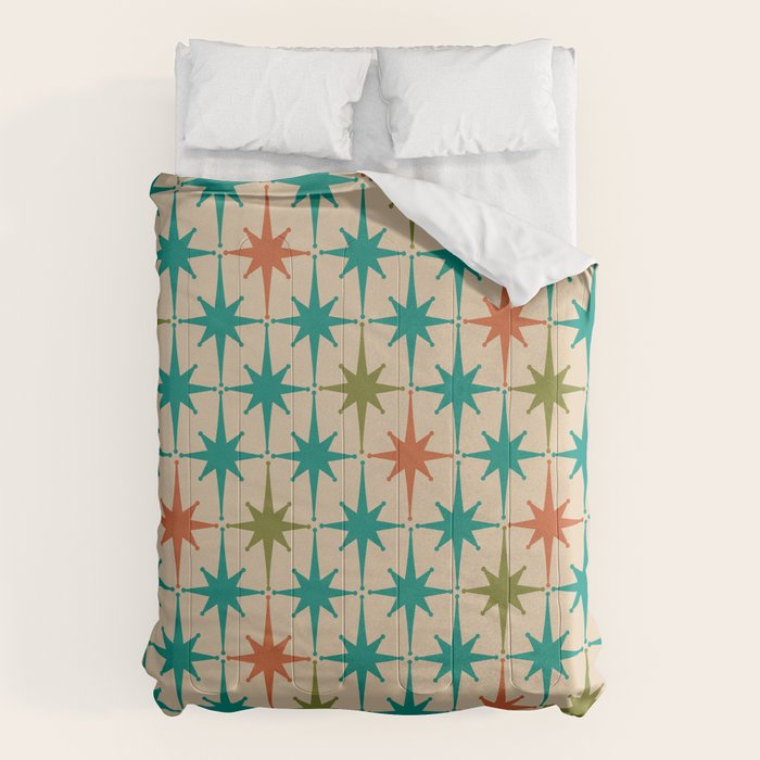 Atomic Age Retro Starburst Mid-century Modern Pattern in Mid Mod Turquoise, Orange, Olive, and Beige Comforter Gallery Image 1