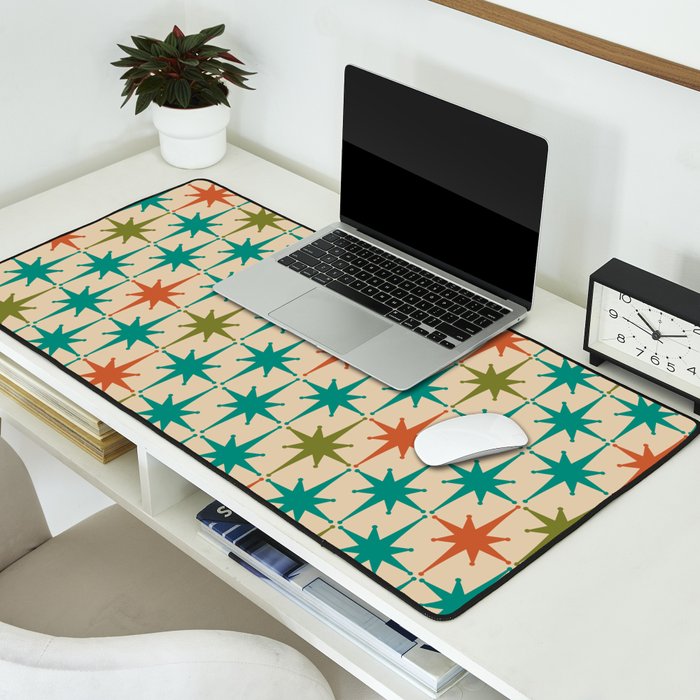 Atomic Age Retro Starburst Mid-century Modern Pattern in Mid Mod Turquoise, Orange, Olive, and Beige Desk Mat Gallery Image 2