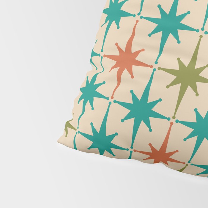 Atomic Age Retro Starburst Mid-century Modern Pattern in Mid Mod Turquoise, Orange, Olive, and Beige Pillow Sham Gallery Image 4