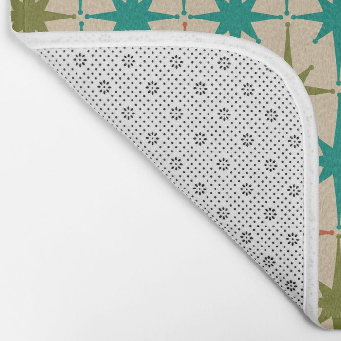 Atomic Age Retro Starburst Mid-century Modern Pattern in Mid Mod Turquoise, Orange, Olive, and Beige Bath Mat Gallery Image 2