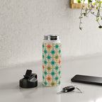 Atomic Age Retro Starburst Mid-century Modern Pattern in Mid Mod Turquoise, Orange, Olive, and Beige Water Bottle Gallery Image 4