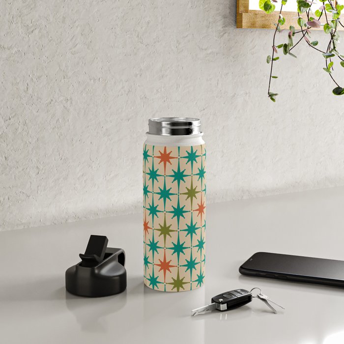 Atomic Age Retro Starburst Mid-century Modern Pattern in Mid Mod Turquoise, Orange, Olive, and Beige Water Bottle Gallery Image 4