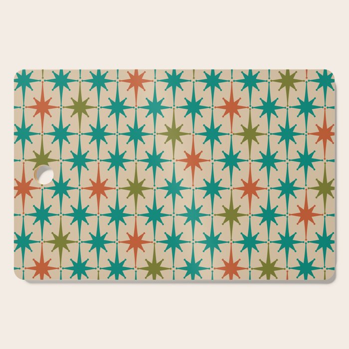Atomic Age Retro Starburst Mid-century Modern Pattern in Mid Mod Turquoise, Orange, Olive, and Beige Cutting Board Gallery Image 1