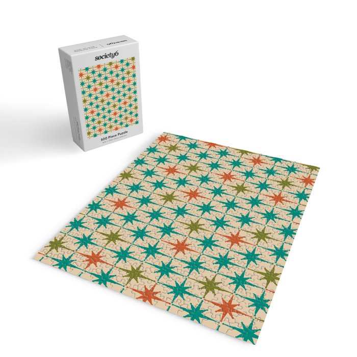 Atomic Age Retro Starburst Mid-century Modern Pattern in Mid Mod Turquoise, Orange, Olive, and Beige Jigsaw Puzzle Gallery Image 2