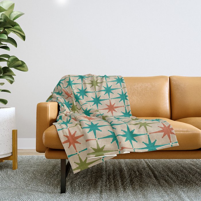 Atomic Age Retro Starburst Mid-century Modern Pattern in Mid Mod Turquoise, Orange, Olive, and Beige Throw Blanket Gallery Image 1