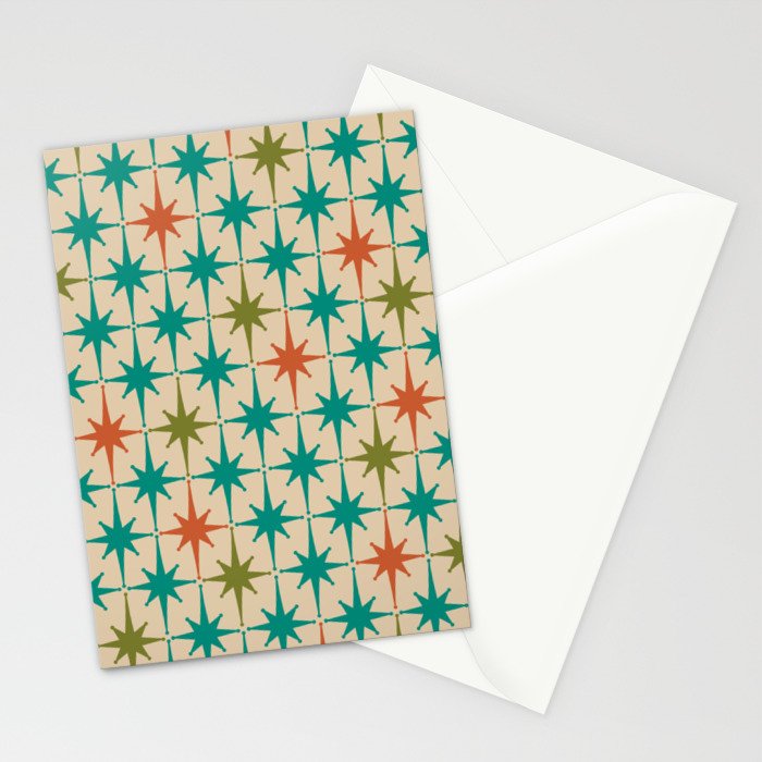Atomic Age Retro Starburst Mid-century Modern Pattern in Mid Mod Turquoise, Orange, Olive, and Beige Stationery Card Gallery Image 2