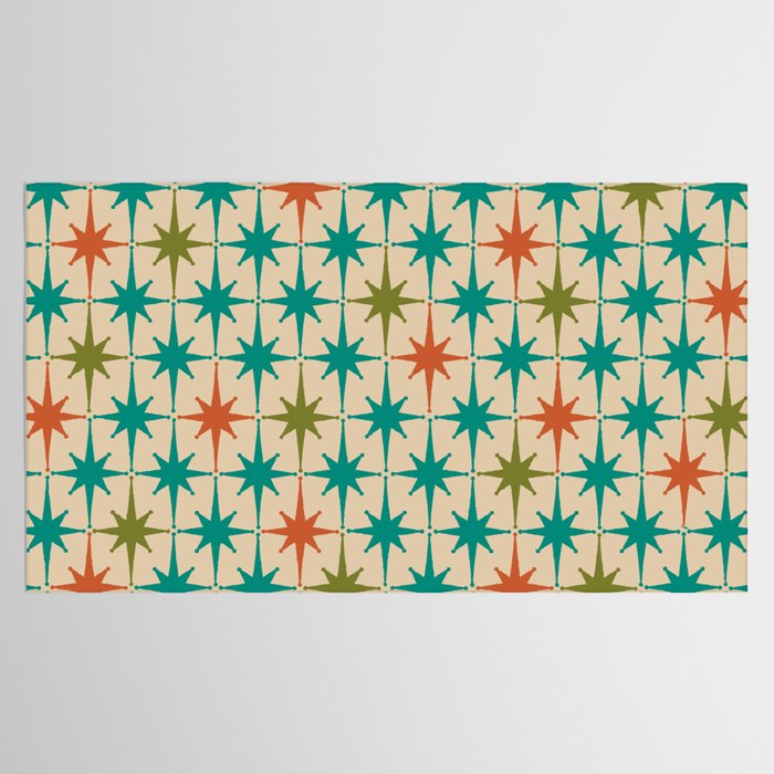 Atomic Age Retro Starburst Mid-century Modern Pattern in Mid Mod Turquoise, Orange, Olive, and Beige Tablecloth Gallery Image 2