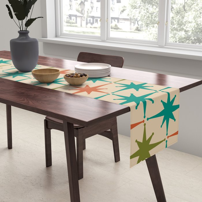 Atomic Age Retro Starburst Mid-century Modern Pattern in Mid Mod Turquoise, Orange, Olive, and Beige Table Runner Gallery Image 2