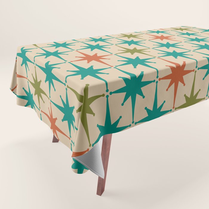 Atomic Age Retro Starburst Mid-century Modern Pattern in Mid Mod Turquoise, Orange, Olive, and Beige Tablecloth Gallery Image 1