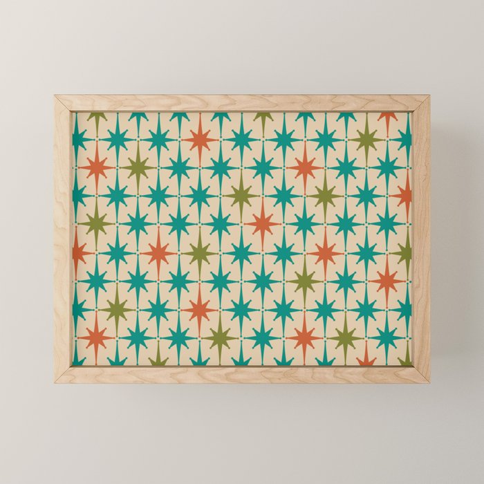 Atomic Age Retro Starburst Mid-century Modern Pattern in Mid Mod Turquoise, Orange, Olive, and Beige Mini Art Print Gallery Image 1