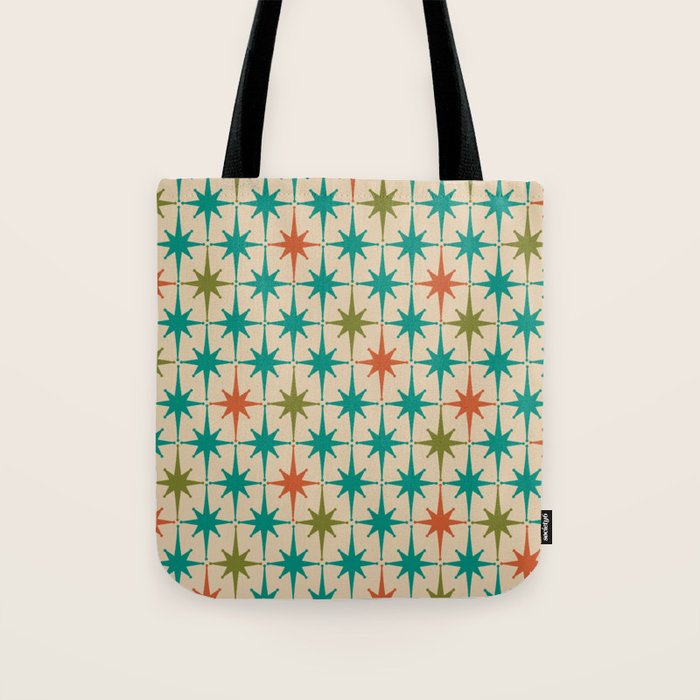 Atomic Age Retro Starburst Mid-century Modern Pattern in Mid Mod Turquoise, Orange, Olive, and Beige Tote Bag Gallery Image 1
