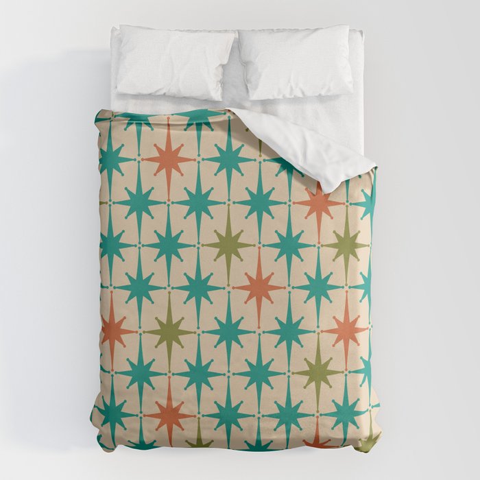 Atomic Age Retro Starburst Mid-century Modern Pattern in Mid Mod Turquoise, Orange, Olive, and Beige Duvet Cover Gallery Image 1