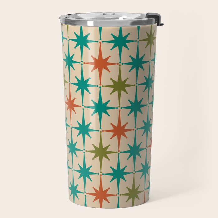 Atomic Age Retro Starburst Mid-century Modern Pattern in Mid Mod Turquoise, Orange, Olive, and Beige Travel Mug Gallery Image 2
