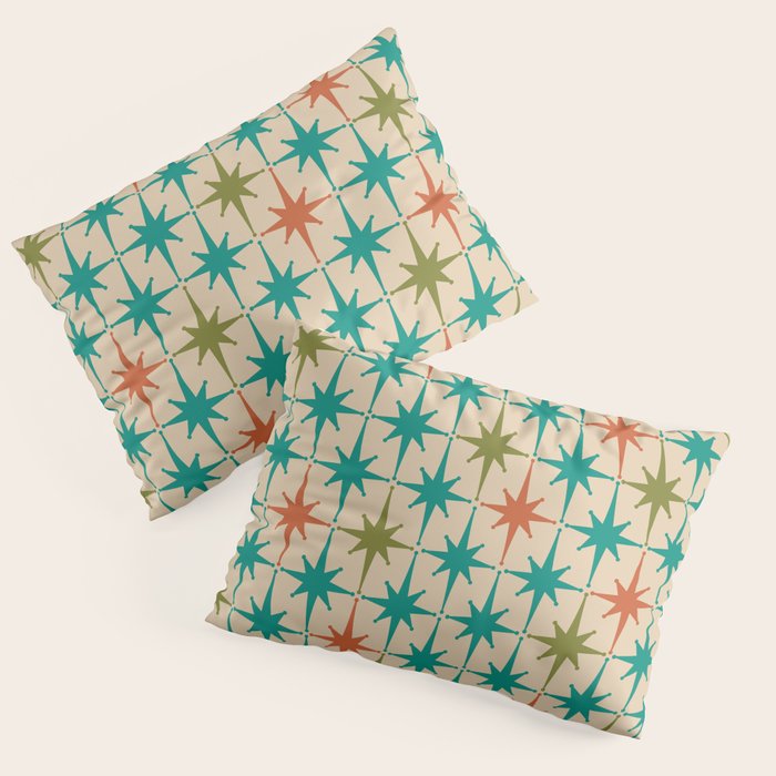 Atomic Age Retro Starburst Mid-century Modern Pattern in Mid Mod Turquoise, Orange, Olive, and Beige Pillow Sham Gallery Image 3