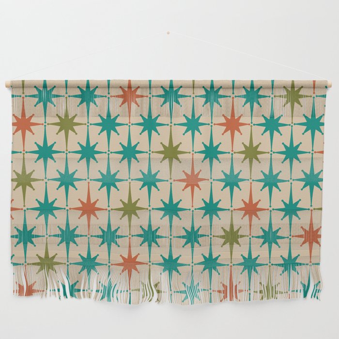 Atomic Age Retro Starburst Mid-century Modern Pattern in Mid Mod Turquoise, Orange, Olive, and Beige Wall Hanging Gallery Image 1