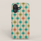 Atomic Age Retro Starburst Mid-century Modern Pattern in Mid Mod Turquoise, Orange, Olive, and Beige iPhone Case Gallery Image 1