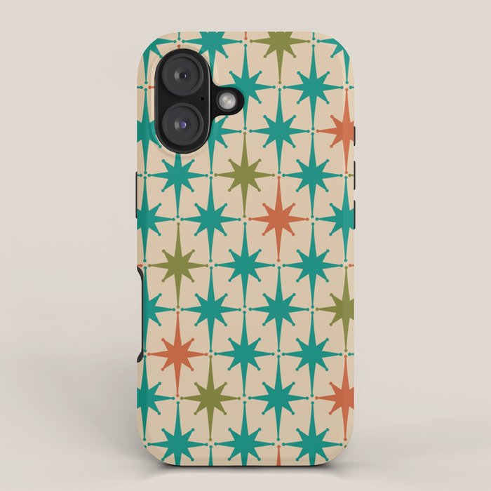 Atomic Age Retro Starburst Mid-century Modern Pattern in Mid Mod Turquoise, Orange, Olive, and Beige iPhone Case Gallery Image 1
