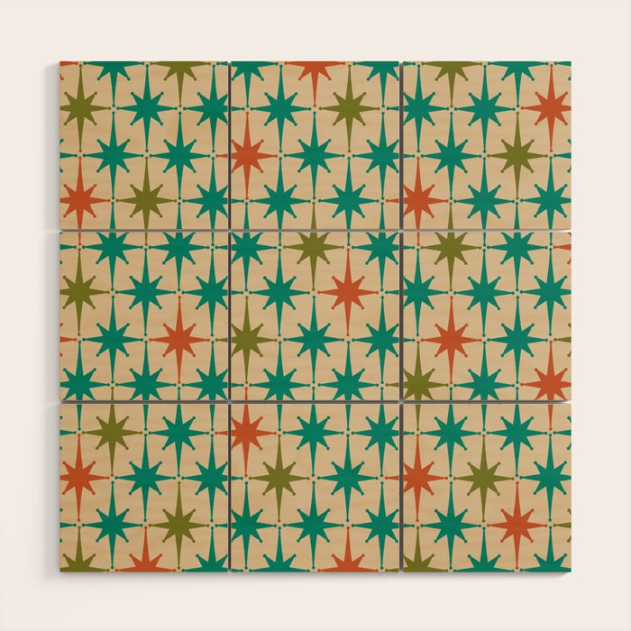 Atomic Age Retro Starburst Mid-century Modern Pattern in Mid Mod Turquoise, Orange, Olive, and Beige Wood Wall Art Gallery Image 1