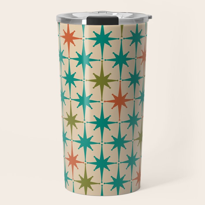 Atomic Age Retro Starburst Mid-century Modern Pattern in Mid Mod Turquoise, Orange, Olive, and Beige Travel Mug Gallery Image 1