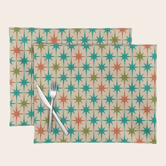 Atomic Age Retro Starburst Mid-century Modern Pattern in Mid Mod Turquoise, Orange, Olive, and Beige Placemat Gallery Image 1