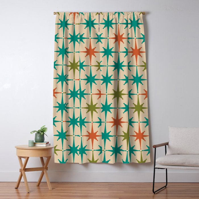 Atomic Age Retro Starburst Mid-century Modern Pattern in Mid Mod Turquoise, Orange, Olive, and Beige Window Curtain Gallery Image 1