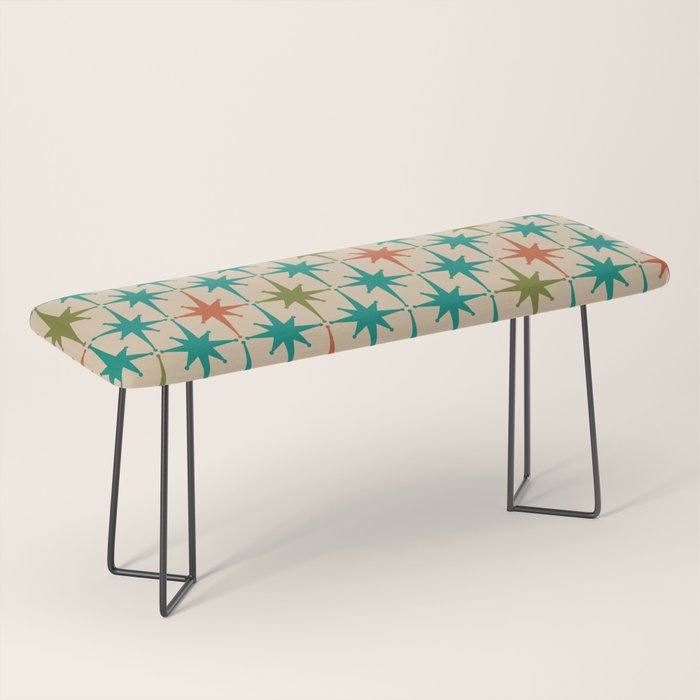 Atomic Age Retro Starburst Mid-century Modern Pattern in Mid Mod Turquoise, Orange, Olive, and Beige Bench Gallery Image 1