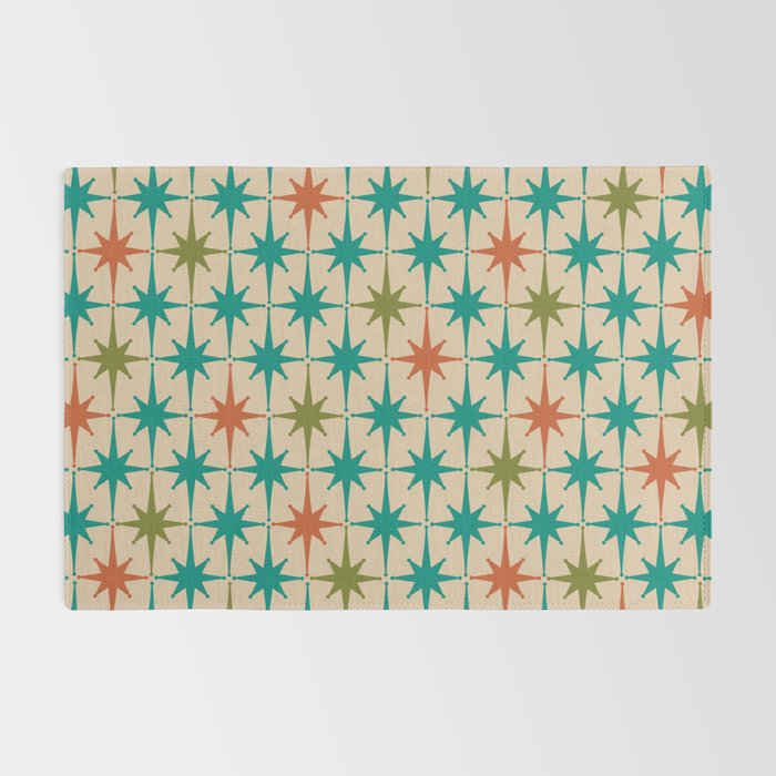 Atomic Age Retro Starburst Mid-century Modern Pattern in Mid Mod Turquoise, Orange, Olive, and Beige Rug Gallery Image 2