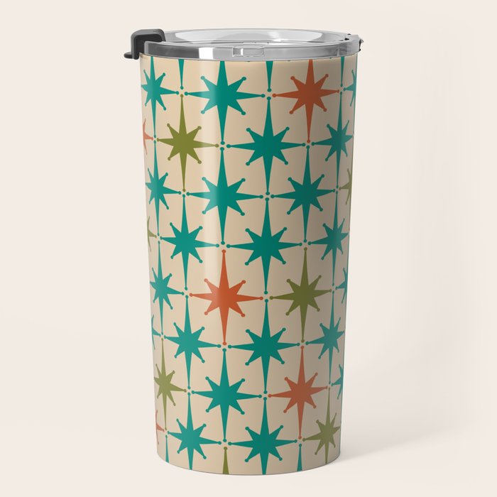 Atomic Age Retro Starburst Mid-century Modern Pattern in Mid Mod Turquoise, Orange, Olive, and Beige Travel Mug Gallery Image 3