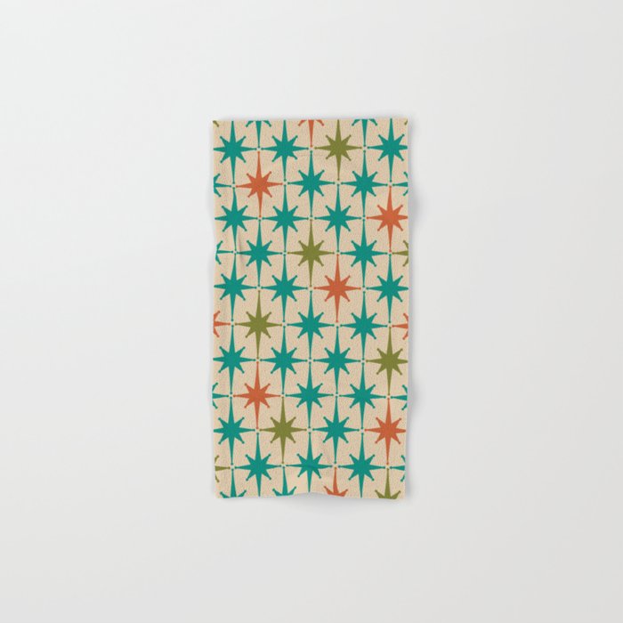 Atomic Age Retro Starburst Mid-century Modern Pattern in Mid Mod Turquoise, Orange, Olive, and Beige Bath Towel Gallery Image 1