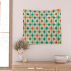 Atomic Age Retro Starburst Mid-century Modern Pattern in Mid Mod Turquoise, Orange, Olive, and Beige Wall Tapestry Gallery Image 2