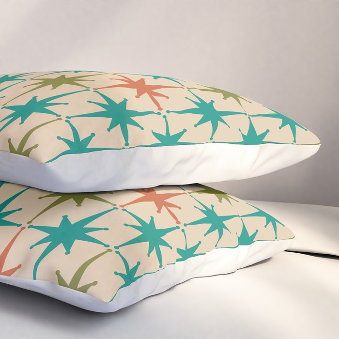 Atomic Age Retro Starburst Mid-century Modern Pattern in Mid Mod Turquoise, Orange, Olive, and Beige Pillow Sham Gallery Image 3