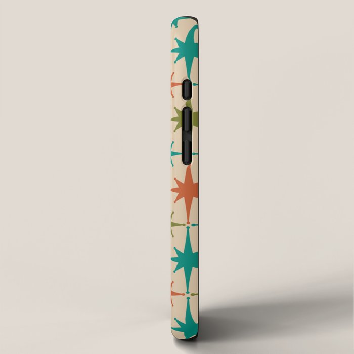 Atomic Age Retro Starburst Mid-century Modern Pattern in Mid Mod Turquoise, Orange, Olive, and Beige iPhone Case Gallery Image 2