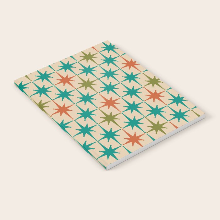 Atomic Age Retro Starburst Mid-century Modern Pattern in Mid Mod Turquoise, Orange, Olive, and Beige Notebook Gallery Image 2