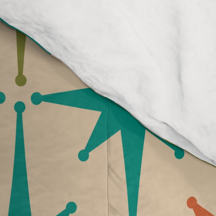 Atomic Age Retro Starburst Mid-century Modern Pattern in Mid Mod Turquoise, Orange, Olive, and Beige Comforter Gallery Image 4