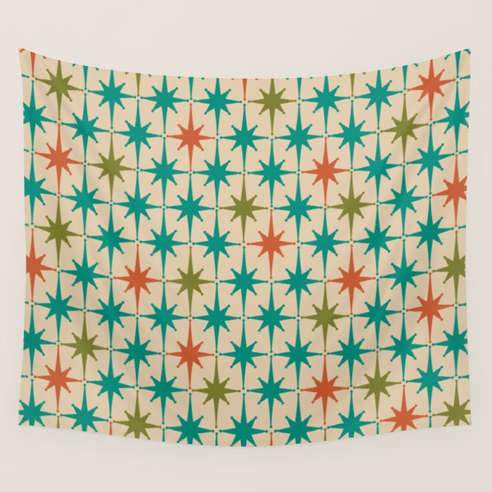Atomic Age Retro Starburst Mid-century Modern Pattern in Mid Mod Turquoise, Orange, Olive, and Beige Wall Tapestry Gallery Image 4
