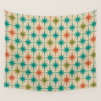 Atomic Age Retro Starburst Mid-century Modern Pattern in Mid Mod Turquoise, Orange, Olive, and Beige Wall Tapestry Gallery Image 4