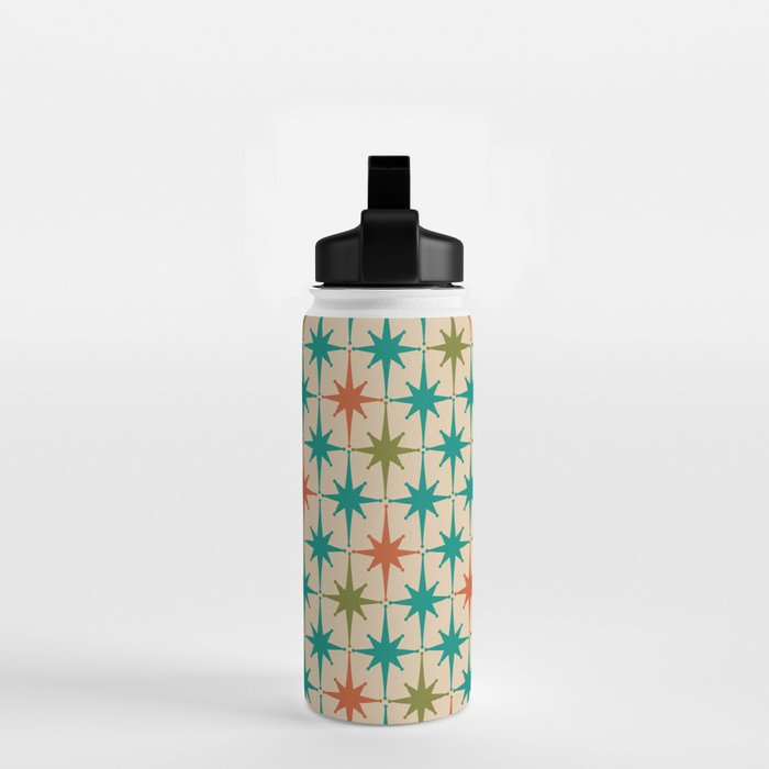 Atomic Age Retro Starburst Mid-century Modern Pattern in Mid Mod Turquoise, Orange, Olive, and Beige Water Bottle Gallery Image 2