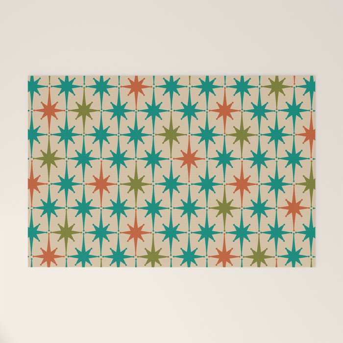 Atomic Age Retro Starburst Mid-century Modern Pattern in Mid Mod Turquoise, Orange, Olive, and Beige Welcome Mat Gallery Image 1
