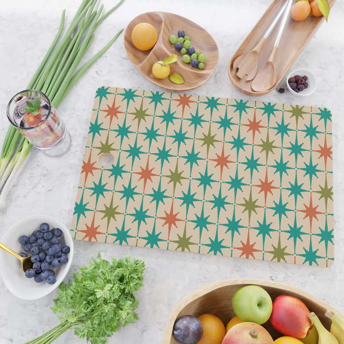 Atomic Age Retro Starburst Mid-century Modern Pattern in Mid Mod Turquoise, Orange, Olive, and Beige Cutting Board Gallery Image 2