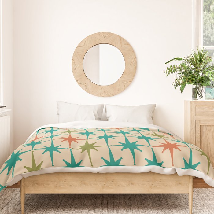 Atomic Age Retro Starburst Mid-century Modern Pattern in Mid Mod Turquoise, Orange, Olive, and Beige Duvet Cover Gallery Image 3