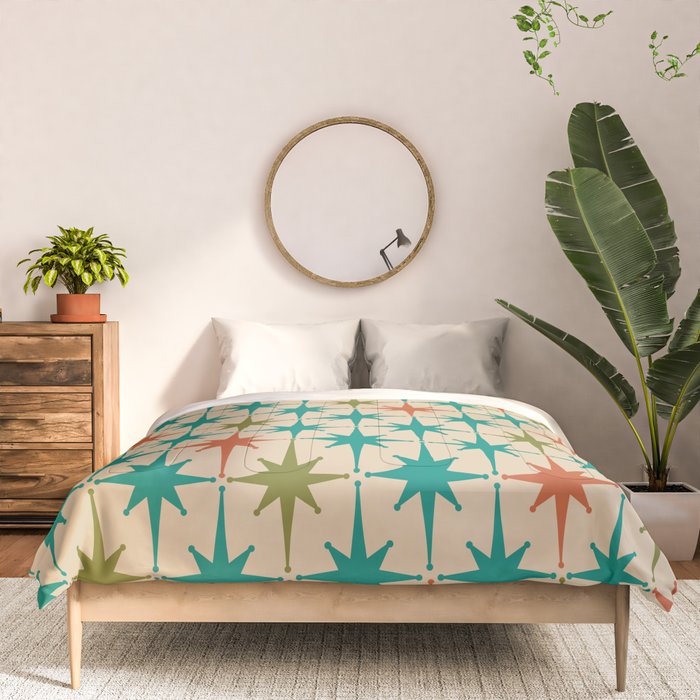 Atomic Age Retro Starburst Mid-century Modern Pattern in Mid Mod Turquoise, Orange, Olive, and Beige Comforter Gallery Image 3