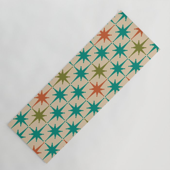 Atomic Age Retro Starburst Mid-century Modern Pattern in Mid Mod Turquoise, Orange, Olive, and Beige Yoga Mat Gallery Image 1