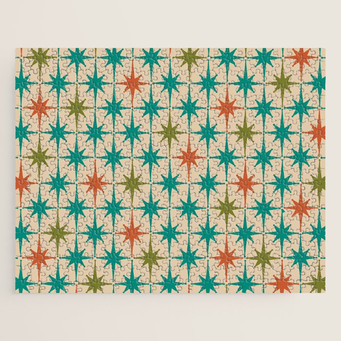 Atomic Age Retro Starburst Mid-century Modern Pattern in Mid Mod Turquoise, Orange, Olive, and Beige Jigsaw Puzzle Gallery Image 1